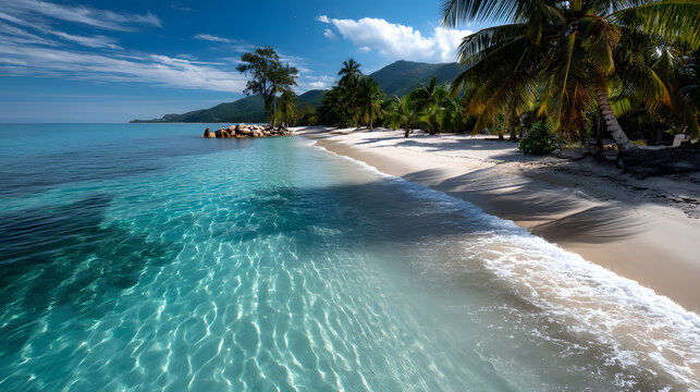 A peaceful tropical coastline with crystal-clear watr, white sand, and tall pam trees lining the shore.