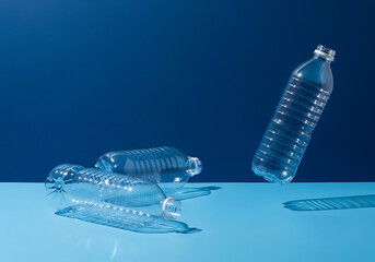 Plastic water bottles on a blue surface