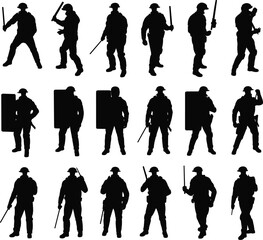 Silhouette, riot gear, police, shield, baton, security, enforcement, taccrowd control, defense, authority, equipment,