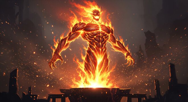 Fiery Elemental Rises From Burning Crucible In Dramatic Fantasy Scene With Sparks Flying