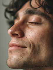 Obraz premium A close-up portrait of a man with his eyes sweetly closed, smiling peacefully. The image conveys a sense of happiness, serenity, and inner calm