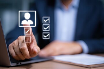 Businessperson selecting candidate via digital checklist