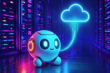 Cute robot with glowing eyes and wheels connecting to a neon cloud in a server room artificial intelligence