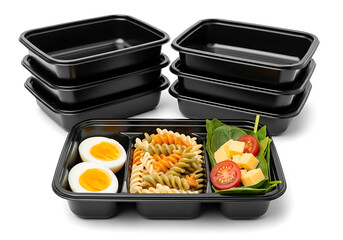 Meal prep containers with food isolated on white background