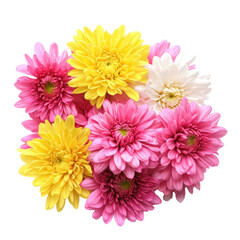 A bouquet of pink and yellow flowers with white accents.