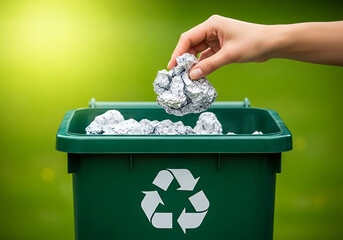 Hand throws crumpled paper into a green recycling bin