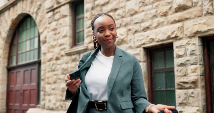 Black woman, business and wave with suitcase in city for lift, taxi app or cab ride on sidewalk. Female person, hailing or employee waiting with phone for private transportation service in urban town