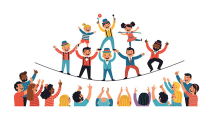 Aerial Wonders: A vibrant illustration capturing a lively circus scene, showcasing acrobats balancing and performing on a high wire, captivating audience and celebrating the thrill of circus life.