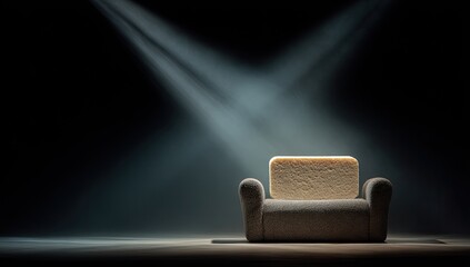 A small, light-beige rectangular object rests on a muted taupe couch, bathed in spotlight beams against a dark background