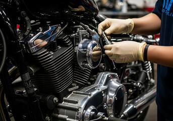 Mechanic working on a motorcycle engine with gloved hands