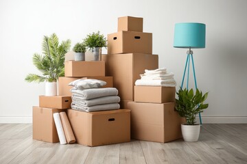 Cardboard boxes, plants, and household items stacked in a room, ready for moving