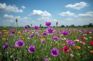 Fototapeta premium Colorful purple poppy flowers blooming in a natural field