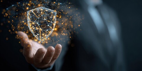 Hand holds a glowing, digital shield