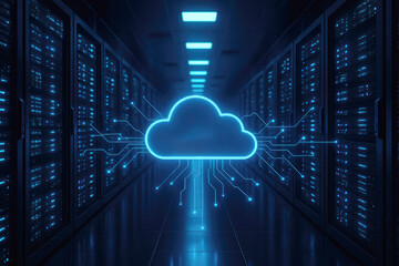 Futuristic glowing blue cloud symbol connecting to server racks in a dark data center server room technology