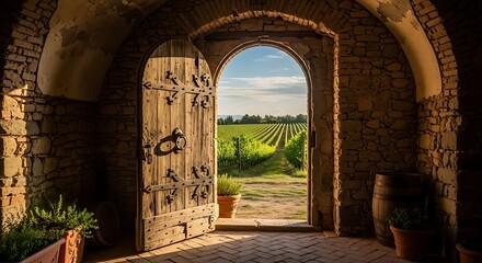Open door revealing scenic vineyard inviting view, sunlight, wooden archway, Tuscan landscape