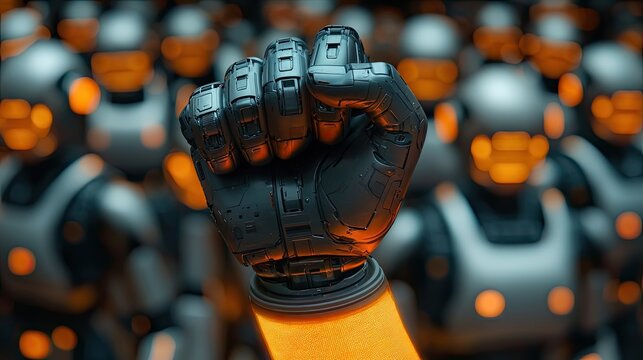 Futuristic robot fist raised, crowd of robots background,  victory or protest