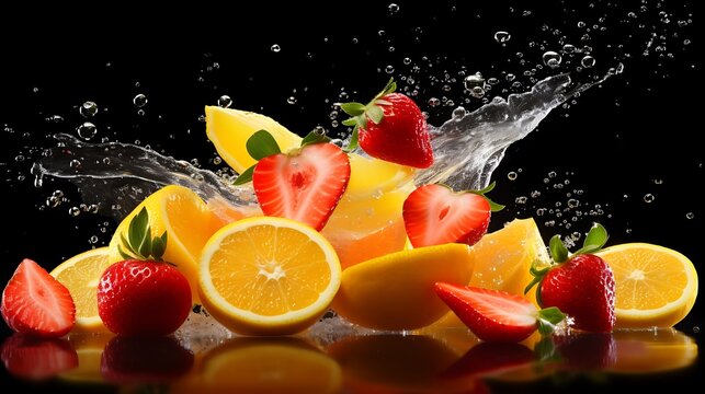 Fresh explosion of citrus splash in vibrant orange hue featuring orange slices, strawberries, and papaya cubes frozen mid-air on black background with glass-like lighting, full frame,