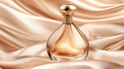 A pearlescent, amber-hued perfume bottle with a gold cap rests on luxurious, draped champagne-colored silk fabric.  The bottle's curves are softly illuminated