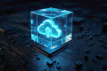 Glowing blue cloud icon inside a transparent cube resting on a computer processor chip and circuit board