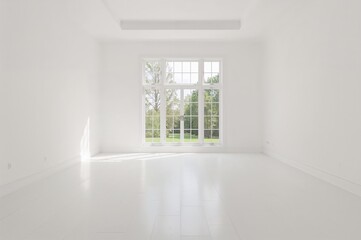 Fototapeta premium Bright photographic studio featuring expansive windows, high ceilings, and white wood floors