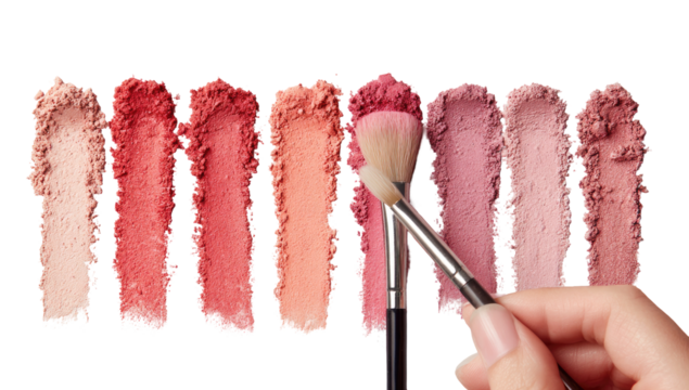 Makeup swatches in a gradient of pinks and reds, with a makeup brush