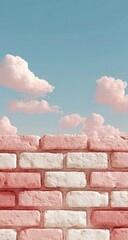 Pastel pink and white brick wall against a pastel sky with soft clouds