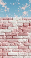 Pastel pink and white brick wall against a light blue sky with fluffy clouds