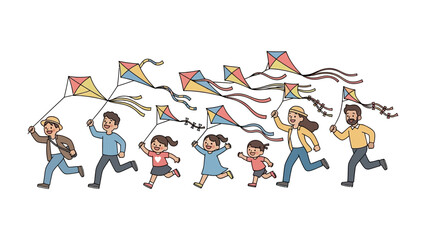 Fototapeta premium Soaring Kites: A vibrant and heartwarming illustration depicts a family of eight joyfully running with kites in a sunny field, creating a vivid sense of childhood happiness and familial bond.