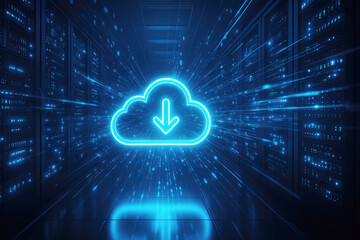 Glowing Neon Blue Cloud Download Symbol in Futuristic Server Room Data Center cloud computing technology