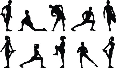 Stretching silhouette poses, fitness warm-up routine, flexibility training, body movement exercise, yoga stretch, healthy lifestyle, black figures, isolated white background