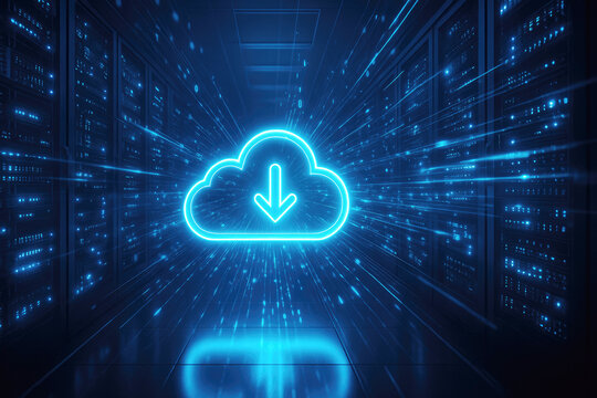 Glowing Neon Blue Cloud Download Symbol in Futuristic Server Room Data Center cloud computing technology
