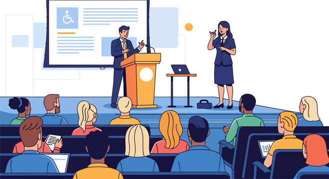 Vector of conference with sign language interpreter