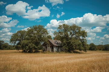 Fototapeta premium An abandoned farmhouse nestled among trees in a picturesque countryside under a bright blue sky.