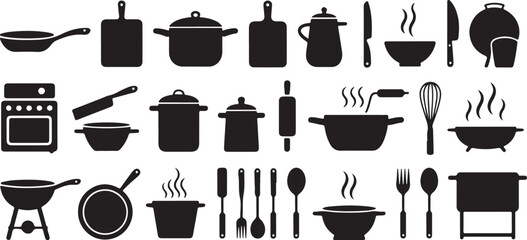 Collection of Black Kitchen Utensils and Cookware Silhouettes on White Background cooking