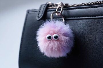 Pink fluffy keychain pom-pom with eyes on black purse