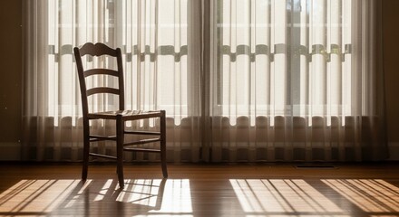 Fresh start morning window, an empty chair illuminated by sunlight with striped shadows for thoughtful and peaceful concepts