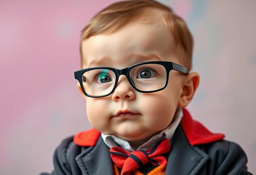 Adorable infant in miniature professor attire, spectacles perched on nose, charming, learning