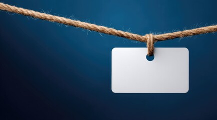 Blank rectangular tag hangs from a beige rope against a deep indigo backdrop