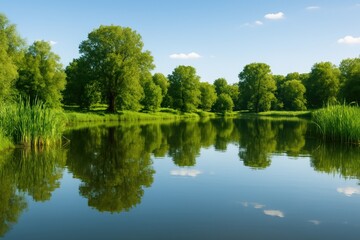 Fototapeta premium Summer day scene with a glistening water mirror of the lake