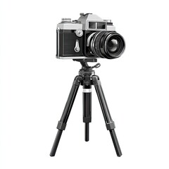 Vintage camera on a tripod, isolated on white.  A classic, silver-toned 35mm camera sits atop a black tripod.  The lens is prominent, and the camera's design suggests a classic photographic aesthetic