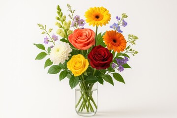 A collection of different blossoms displayed in a vase on a white surface