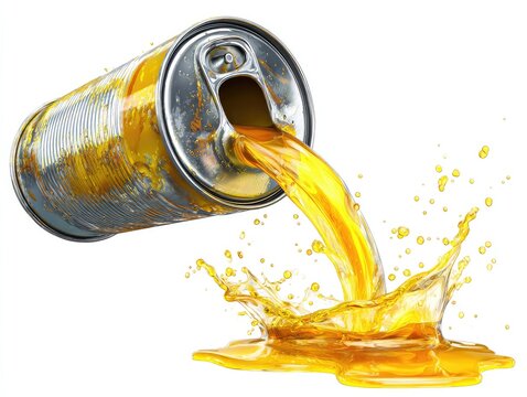 A metallic can spills golden liquid, creating a splash - Powered by Adobe