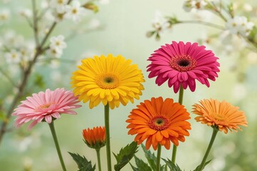 Colorful gerbera flowers set against a lively spring backdrop