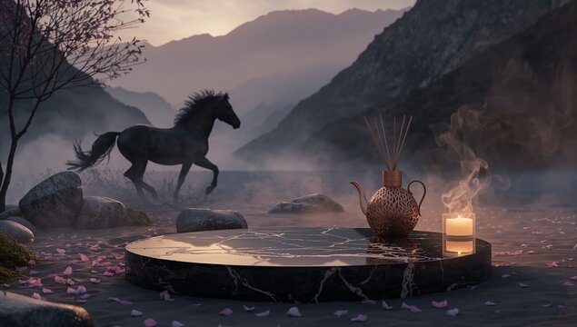 Tea set on a marble podium, soft shadows of bamboo, golden sunset, cherry blossom petals and soft light of lavender candles, majestic horse against the backdrop of a misty mountain valley, and zen zon