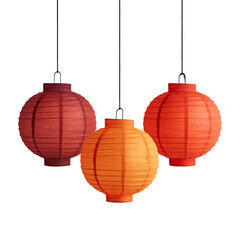 Three round paper lanterns in varying shades of orange and red hang from black cords