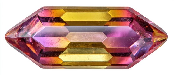 Gemstone close up macro shot of faceted ametrine with yellow and purple hues on white background
