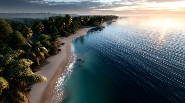 A picturesque tropical coastline with calm, clear waers, palm trees, and a stuning horizon bathed in golen light.