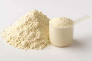 Vanilla-flavored whey protein powder with a convenient scoop included