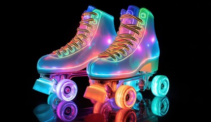 High quality photo of vibrant roller skates illuminated with colorful led lights on a dark background.