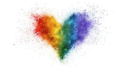 Rainbow Heart Explosion on White Background Abstract Colorful Powder Paint Bursting Symbol of Love Pride and Diversity